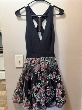 Black Sleeveless Fit-and-Flare Dress with Pink & Mint Floral Embroidery